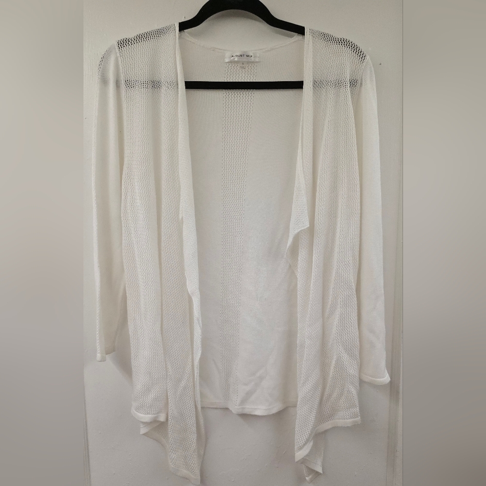August Silk White Open Front Cardigan Mesh Knit Lightweight Draped Size Small